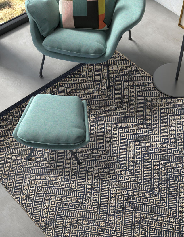 Navy Blue and White 6' 1 x 9' Braided Jute Rectangle Area Rug 100% Jute Hand Braided Natural Eco-Friendly Boho Style Carpet for Living Rooms Dining Office Space Dorms for Sale at Rug Engine