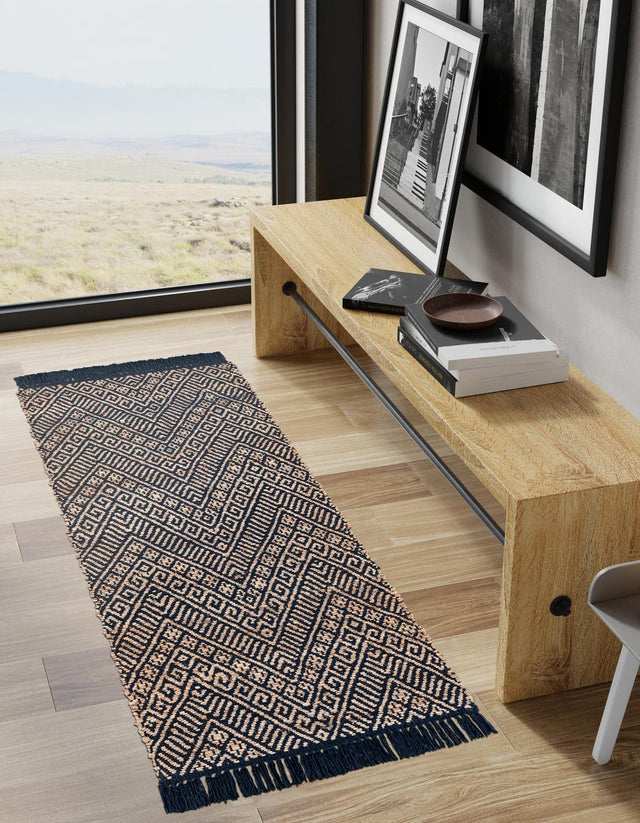 Navy Blue and White 2' x 8' Braided Jute Runner Area Rug 100% Jute Hand Braided Natural Eco-Friendly Boho Style Carpet for Living Rooms Dining Office Space Dorms for Sale at Rug Engine