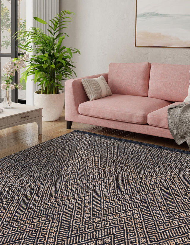 Navy Blue and White 7' 10 x 7' 10 Braided Jute Square Area Rug 100% Jute Hand Braided Natural Eco-Friendly Boho Style Carpet for Living Rooms Dining Office Space Dorms for Sale at Rug Engine