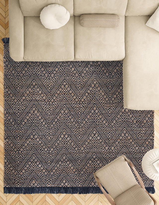 Navy Blue and White 5' 1 x 5' 1 Braided Jute Square Area Rug 100% Jute Hand Braided Natural Eco-Friendly Boho Style Carpet for Living Rooms Dining Office Space Dorms for Sale at Rug Engine