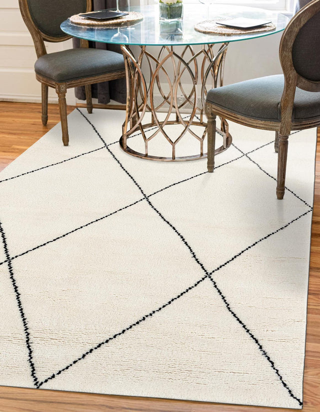 Ivory and Black 4' 1 x 6' 1 Safiya Moroccan Wool Rectangle Area Rug Hand Knotted High Quality New Zealand Wool Luxury Carpet for Interior Design for Sale at Rug Engine