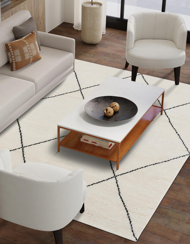 Ivory and Black 6' 1 x 9' Safiya Moroccan Wool Rectangle Area Rug Hand Knotted High Quality New Zealand Wool Luxury Carpet for Interior Design for Sale at Rug Engine