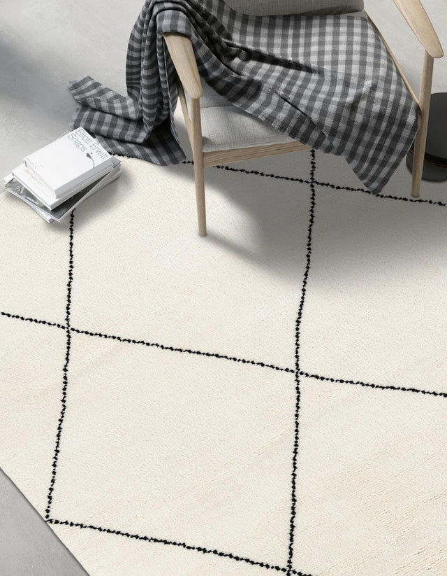 Ivory and Black 8' x 10' Safiya Moroccan Wool Rectangle Area Rug Hand Knotted High Quality New Zealand Wool Luxury Carpet for Interior Design for Sale at Rug Engine