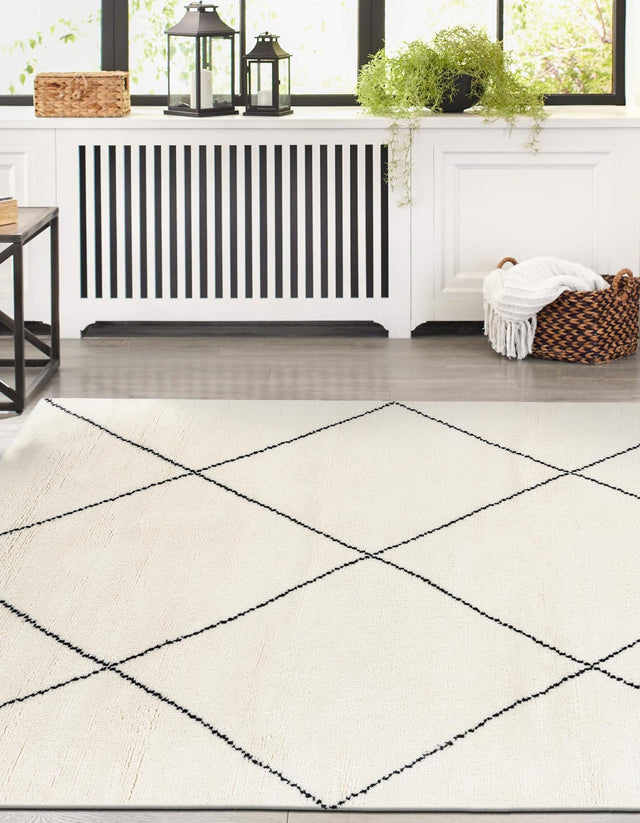 Ivory and Black 8' x 10' Safiya Moroccan Wool Rectangle Area Rug Hand Knotted High Quality New Zealand Wool Luxury Carpet for Interior Design for Sale at Rug Engine