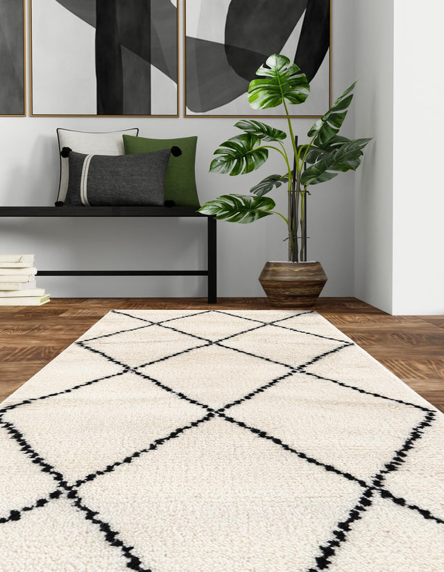 Ivory and Black 2' x 6' 1 Safiya Moroccan Wool Runner Area Rug Hand Knotted High Quality New Zealand Wool Luxury Carpet for Interior Design for Sale at Rug Engine