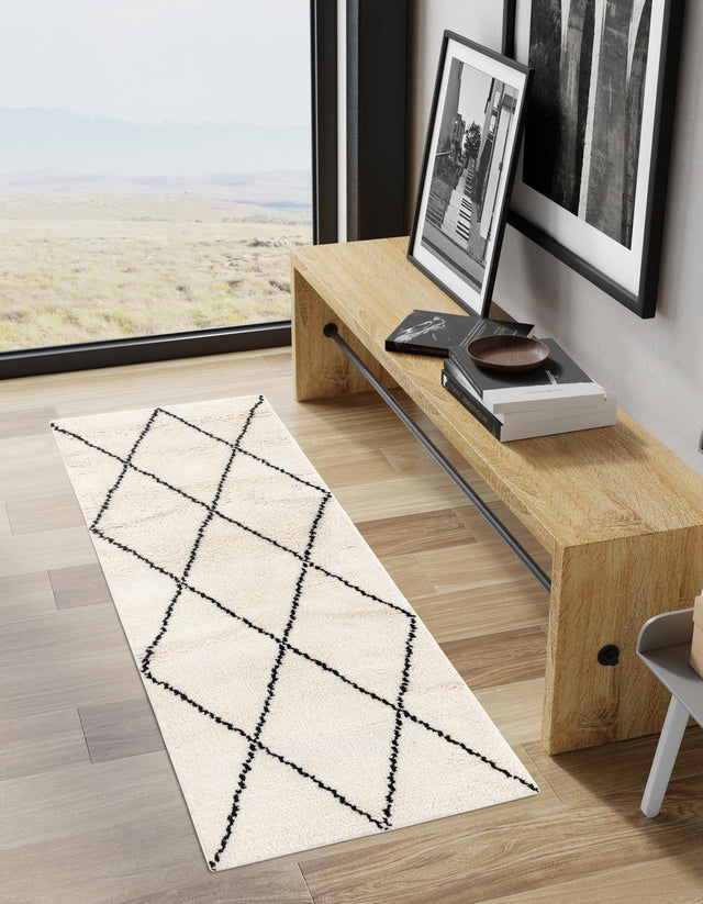 Ivory and Black 2' x 6' 1 Safiya Moroccan Wool Runner Area Rug Hand Knotted High Quality New Zealand Wool Luxury Carpet for Interior Design for Sale at Rug Engine