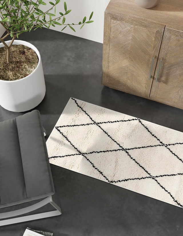 Ivory and Black 2' x 8' Safiya Moroccan Wool Runner Area Rug Hand Knotted High Quality New Zealand Wool Luxury Carpet for Interior Design for Sale at Rug Engine