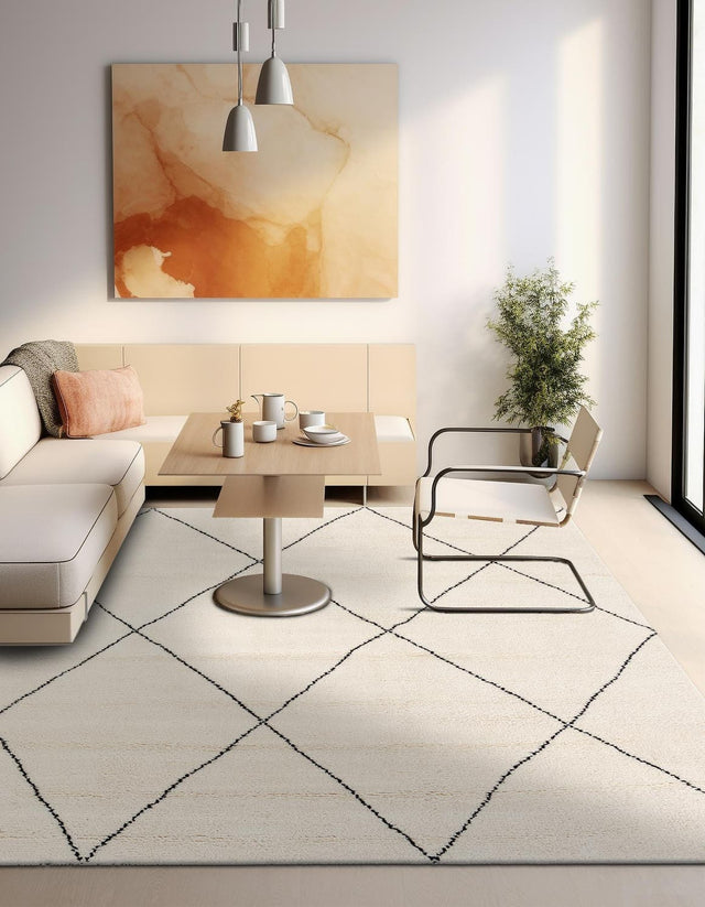 Ivory and Black 10' x 10' Safiya Moroccan Wool Square Area Rug Hand Knotted High Quality New Zealand Wool Luxury Carpet for Interior Design for Sale at Rug Engine