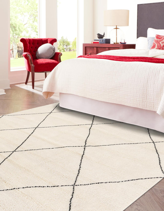Ivory and Black 8' x 8' Safiya Moroccan Wool Square Area Rug Hand Knotted High Quality New Zealand Wool Luxury Carpet for Interior Design for Sale at Rug Engine