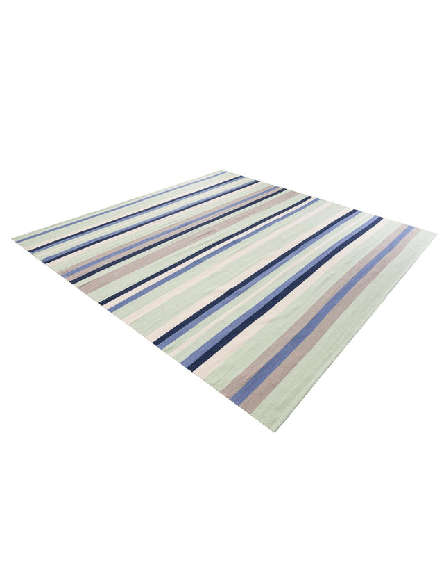 Aqua Blue and Gray 10' x 10' Flatweave Cotton Dhurrie Square Area Rug 100% Chenille All Natural Carpet for Living Rooms, Dining Rooms, Entryway, Foyer for Sale at Rug Engine