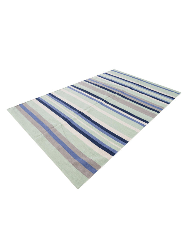 Aqua Blue and Gray 5' 1 x 8' Flatweave Cotton Dhurrie Rectangle Area Rug 100% Chenille All Natural Carpet for Living Rooms, Dining Rooms, Entryway, Foyer for Sale at Rug Engine