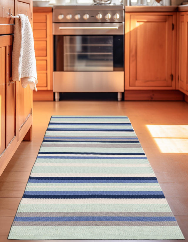 Aqua Blue and Gray 2' x 8' Flatweave Cotton Dhurrie Runner Area Rug 100% Chenille All Natural Carpet for Living Rooms, Dining Rooms, Entryway, Foyer for Sale at Rug Engine