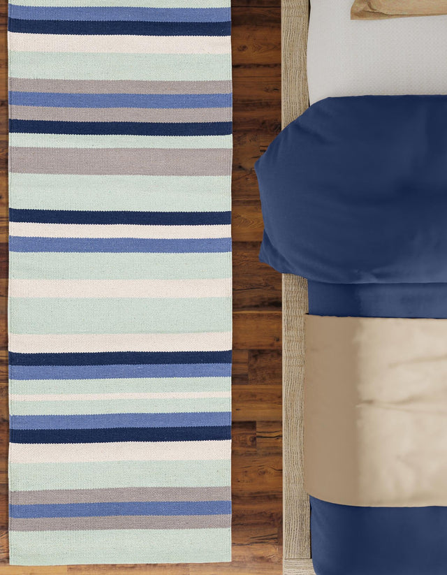 Aqua Blue and Gray 2' x 8' Flatweave Cotton Dhurrie Runner Area Rug 100% Chenille All Natural Carpet for Living Rooms, Dining Rooms, Entryway, Foyer for Sale at Rug Engine