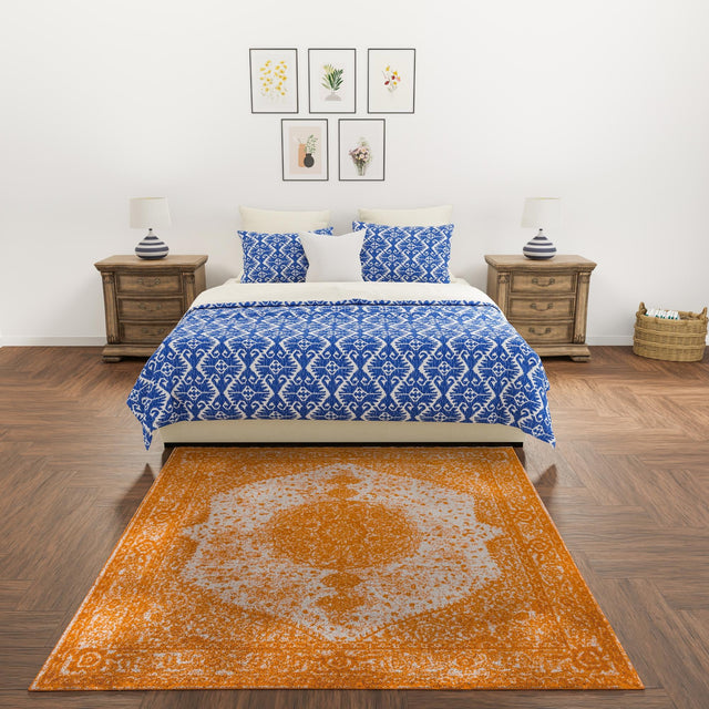 Orange 7' 10 x 7' 10 Bromley Square Area Rug 100% Polypropylene With Cotton Backing Vintage Distressed Colorful Traditional Carpet for Living Dining Rooms Offices for Sale at Rug Engine