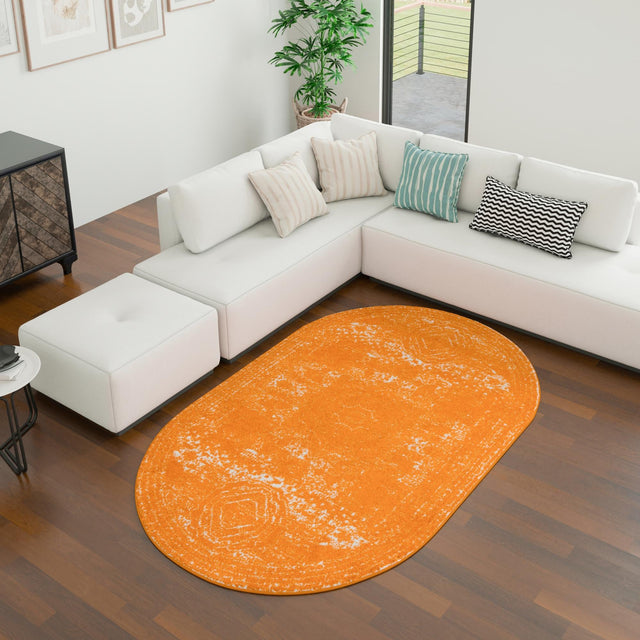 Orange 5' 3 x 8' Bromley Oval Area Rug 100% Polypropylene With Cotton Backing Vintage Distressed Colorful Traditional Carpet for Living Dining Rooms Offices for Sale at Rug Engine
