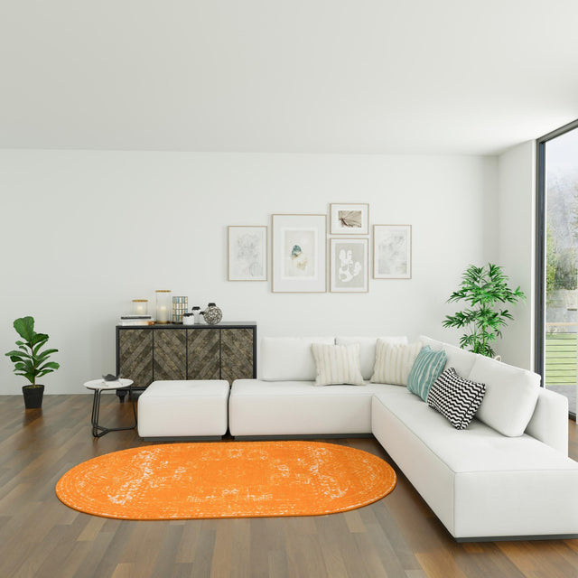 Orange 5' 3 x 8' Bromley Oval Area Rug 100% Polypropylene With Cotton Backing Vintage Distressed Colorful Traditional Carpet for Living Dining Rooms Offices for Sale at Rug Engine