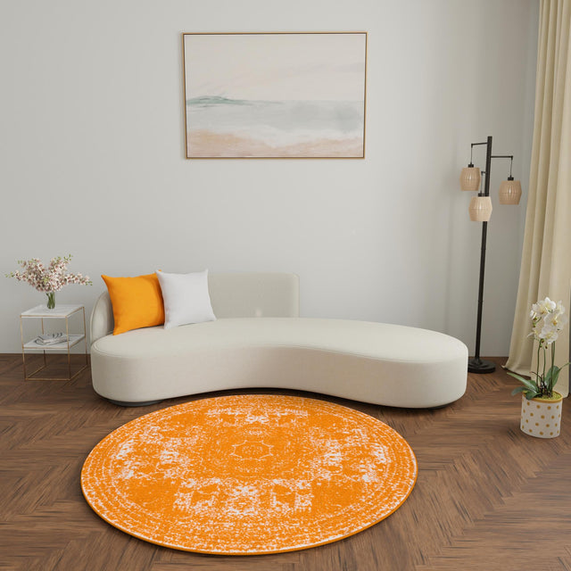 Orange 10' x 10' Bromley Round Area Rug 100% Polypropylene With Cotton Backing Vintage Distressed Colorful Traditional Carpet for Living Dining Rooms Offices for Sale at Rug Engine