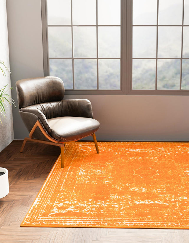 Orange 7' 10 x 7' 10 Bromley Square Area Rug 100% Polypropylene With Cotton Backing Vintage Distressed Colorful Traditional Carpet for Living Dining Rooms Offices for Sale at Rug Engine