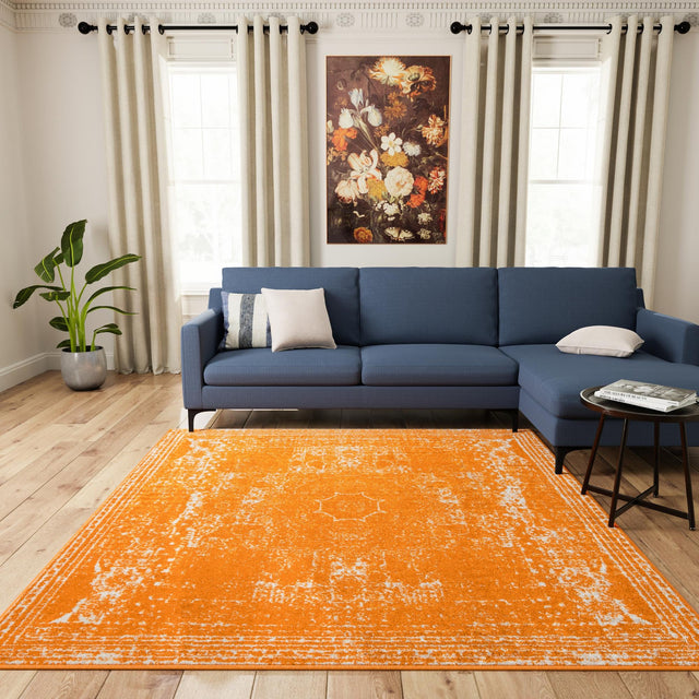 Orange 10' x 10' Bromley Square Area Rug 100% Polypropylene With Cotton Backing Vintage Distressed Colorful Traditional Carpet for Living Dining Rooms Offices for Sale at Rug Engine