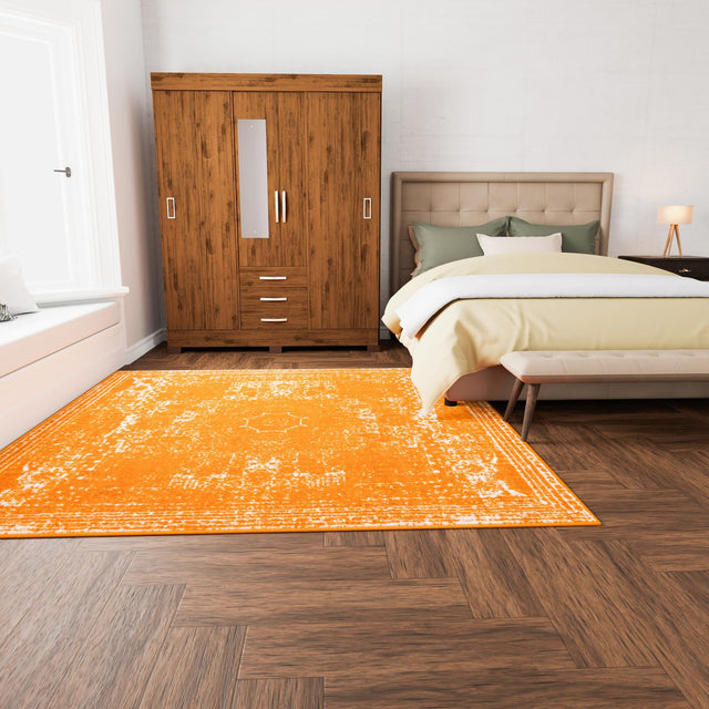 Orange 7' 10 x 7' 10 Bromley Square Area Rug 100% Polypropylene With Cotton Backing Vintage Distressed Colorful Traditional Carpet for Living Dining Rooms Offices for Sale at Rug Engine