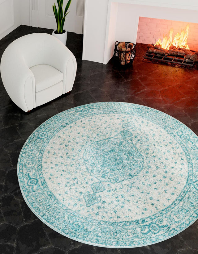 Aqua 10' x 10' Bromley Round Area Rug 100% Polypropylene With Cotton Backing Vintage Distressed Colorful Traditional Carpet for Living Dining Rooms Offices for Sale at Rug Engine