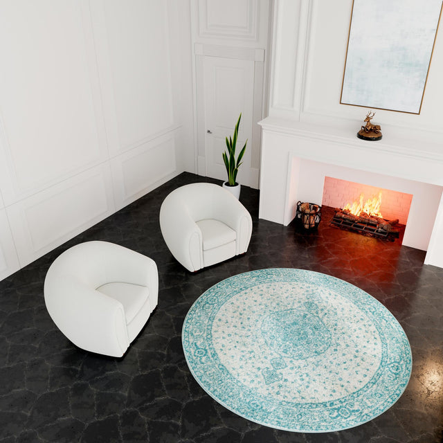 Aqua 7' 10 x 7' 10 Bromley Round Area Rug 100% Polypropylene With Cotton Backing Vintage Distressed Colorful Traditional Carpet for Living Dining Rooms Offices for Sale at Rug Engine