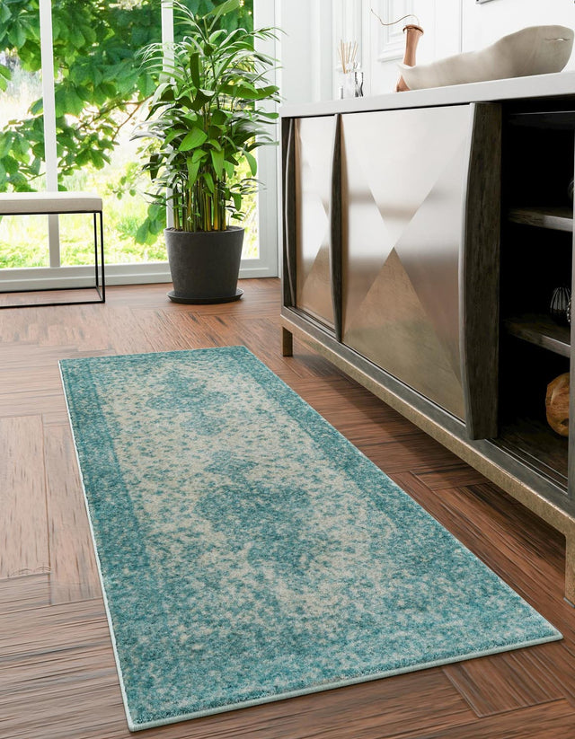 Aqua 2' 7 x 10' Bromley Runner Area Rug 100% Polypropylene With Cotton Backing Vintage Distressed Colorful Traditional Carpet for Living Dining Rooms Offices for Sale at Rug Engine