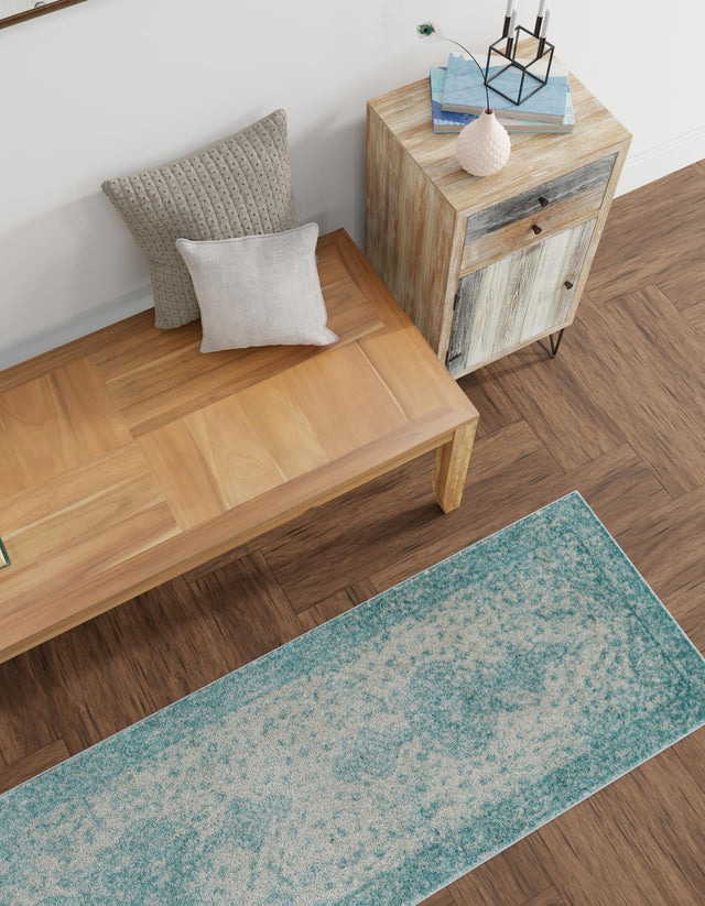 Aqua 2' 7 x 10' Bromley Runner Area Rug 100% Polypropylene With Cotton Backing Vintage Distressed Colorful Traditional Carpet for Living Dining Rooms Offices for Sale at Rug Engine