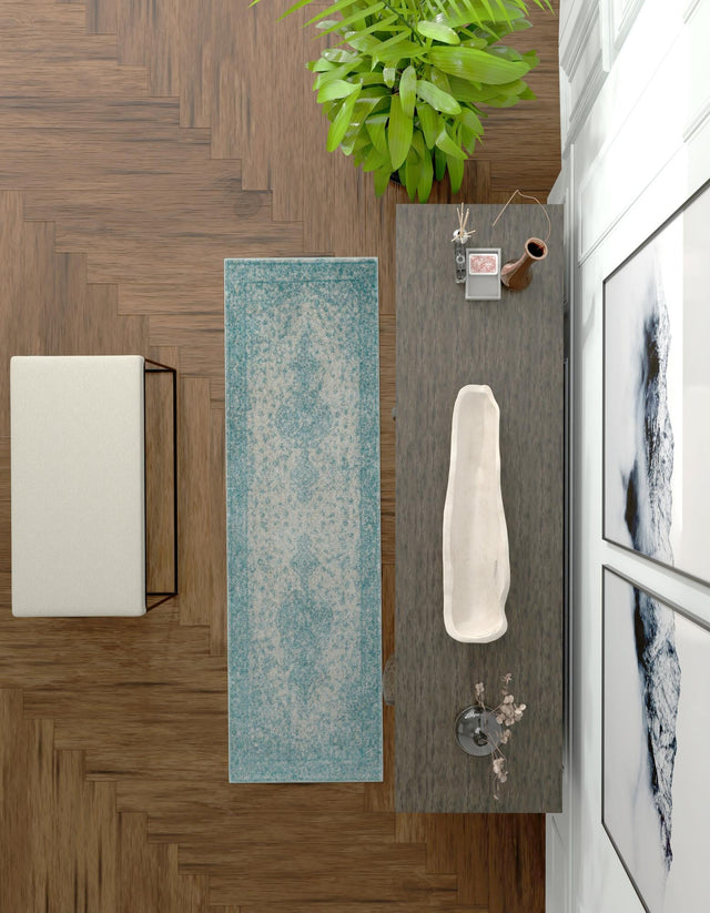Aqua 2' 7 x 12' Bromley Runner Area Rug 100% Polypropylene With Cotton Backing Vintage Distressed Colorful Traditional Carpet for Living Dining Rooms Offices for Sale at Rug Engine