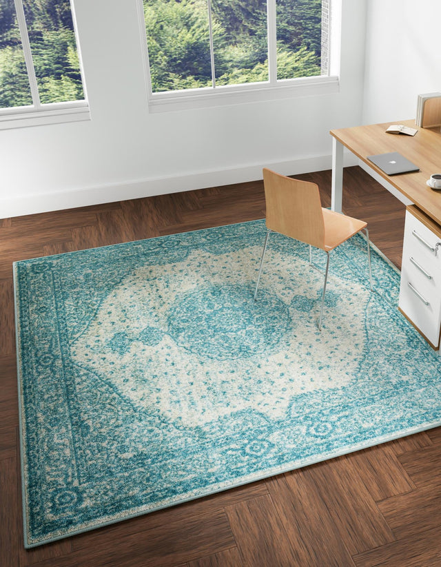 Aqua 10' x 10' Bromley Square Area Rug 100% Polypropylene With Cotton Backing Vintage Distressed Colorful Traditional Carpet for Living Dining Rooms Offices for Sale at Rug Engine
