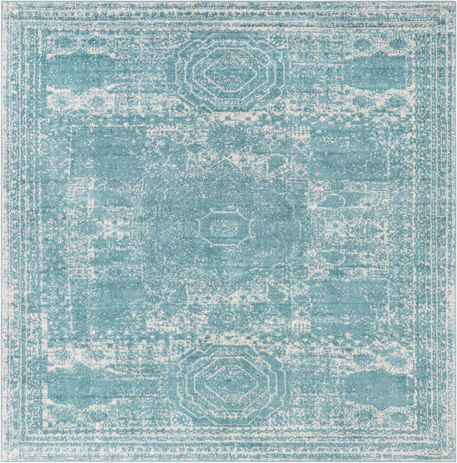 Aqua 10' x 10' Bromley Square Area Rug 100% Polypropylene With Cotton Backing Vintage Distressed Colorful Traditional Carpet for Living Dining Rooms Offices for Sale at Rug Engine