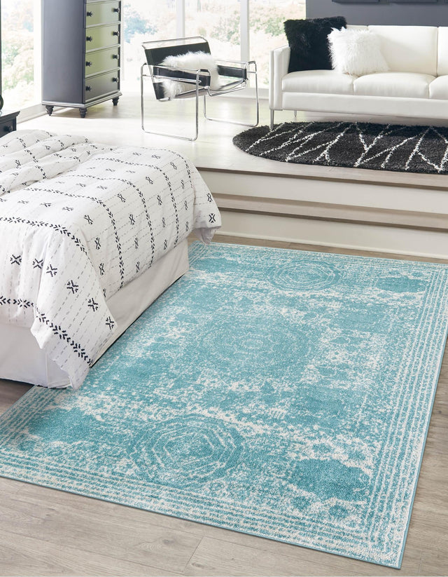 Aqua 7' 10 x 10' Bromley Rectangle Area Rug 100% Polypropylene With Cotton Backing Vintage Distressed Colorful Traditional Carpet for Living Dining Rooms Offices for Sale at Rug Engine