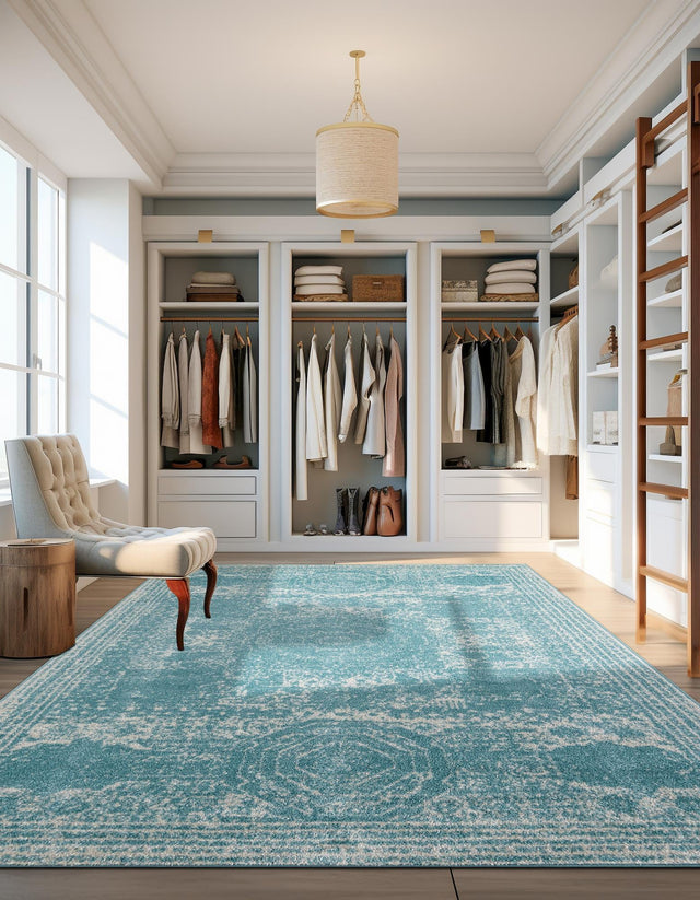 Aqua 7' 10 x 10' Bromley Rectangle Area Rug 100% Polypropylene With Cotton Backing Vintage Distressed Colorful Traditional Carpet for Living Dining Rooms Offices for Sale at Rug Engine