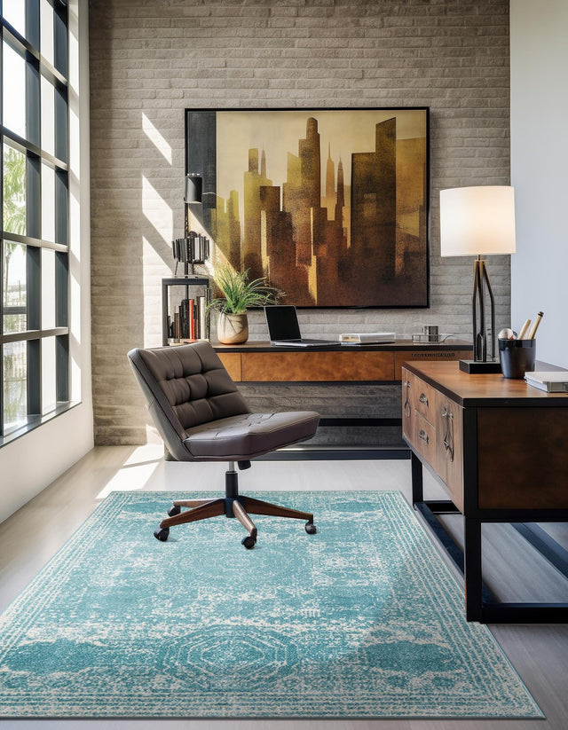 Aqua 7' 10 x 10' Bromley Rectangle Area Rug 100% Polypropylene With Cotton Backing Vintage Distressed Colorful Traditional Carpet for Living Dining Rooms Offices for Sale at Rug Engine