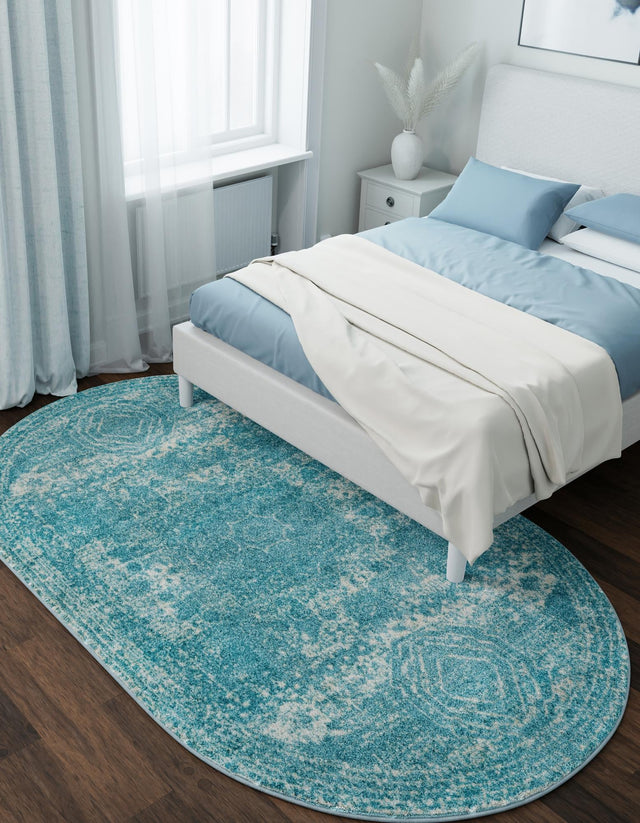 Aqua 5' 3 x 8' Bromley Oval Area Rug 100% Polypropylene With Cotton Backing Vintage Distressed Colorful Traditional Carpet for Living Dining Rooms Offices for Sale at Rug Engine