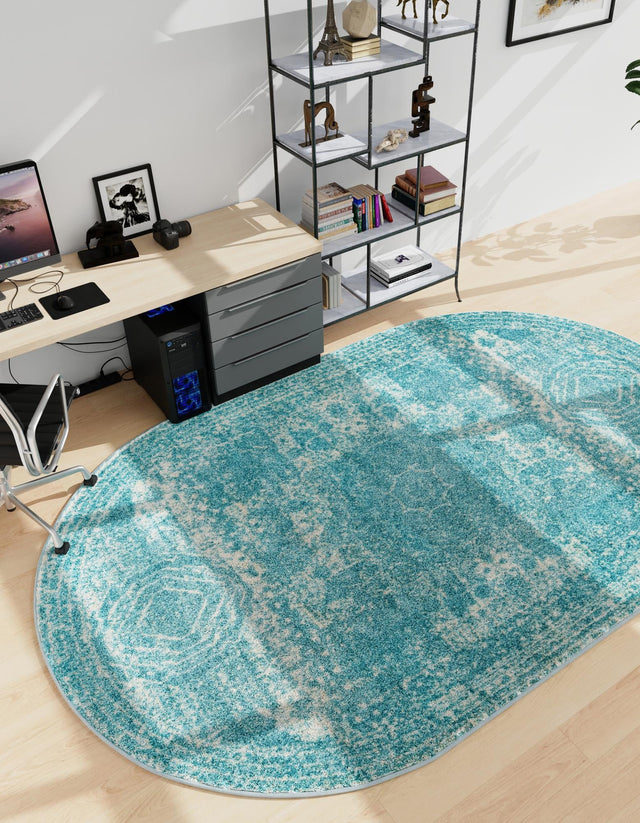 Aqua 5' 3 x 8' Bromley Oval Area Rug 100% Polypropylene With Cotton Backing Vintage Distressed Colorful Traditional Carpet for Living Dining Rooms Offices for Sale at Rug Engine