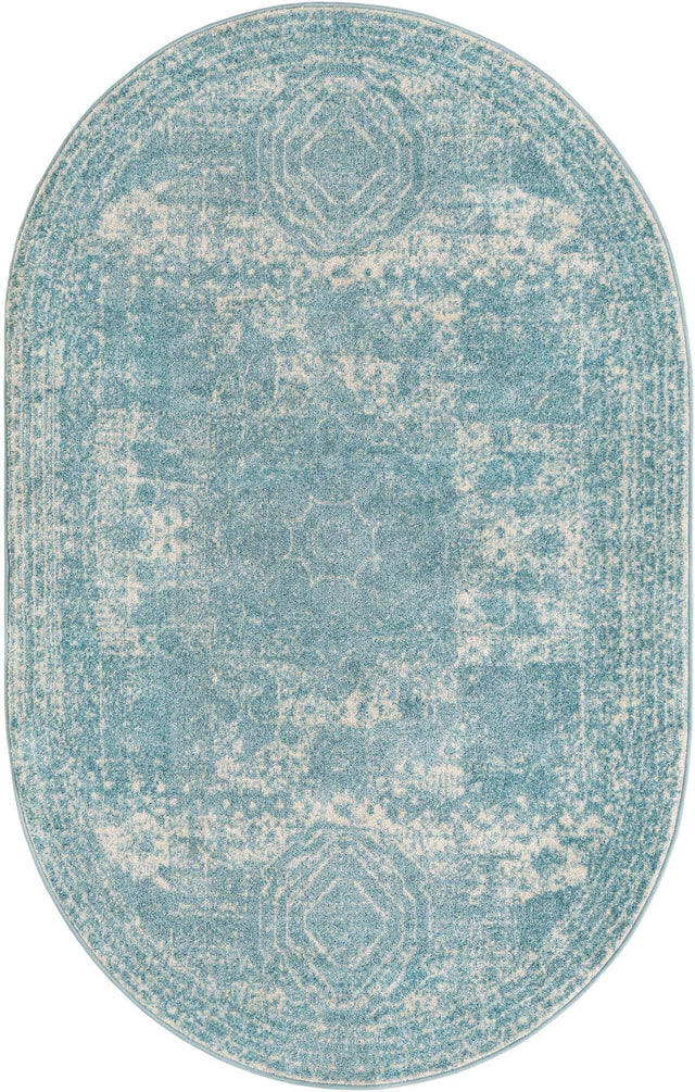 Aqua 5' 3 x 8' Bromley Oval Area Rug 100% Polypropylene With Cotton Backing Vintage Distressed Colorful Traditional Carpet for Living Dining Rooms Offices for Sale at Rug Engine
