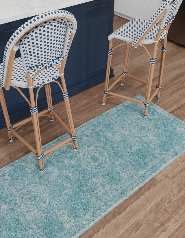 Aqua 2' x 8' Bromley Runner Area Rug 100% Polypropylene With Cotton Backing Vintage Distressed Colorful Traditional Carpet for Living Dining Rooms Offices for Sale at Rug Engine
