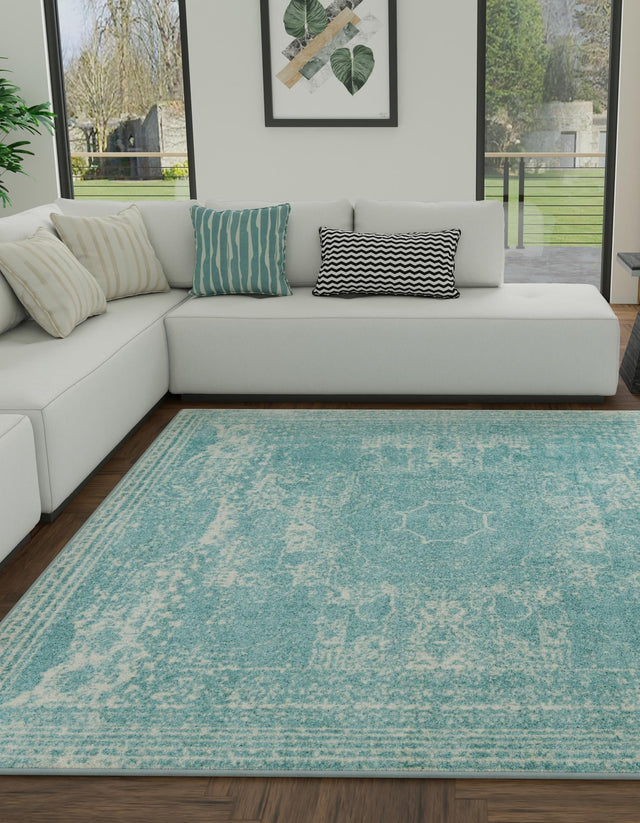 Aqua 7' 10 x 7' 10 Bromley Square Area Rug 100% Polypropylene With Cotton Backing Vintage Distressed Colorful Traditional Carpet for Living Dining Rooms Offices for Sale at Rug Engine