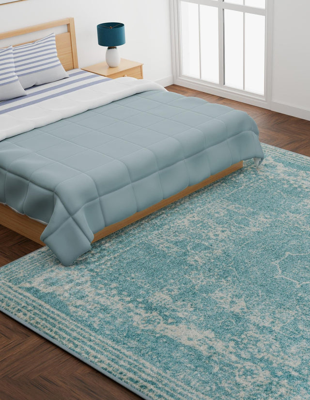 Aqua 10' x 10' Bromley Square Area Rug 100% Polypropylene With Cotton Backing Vintage Distressed Colorful Traditional Carpet for Living Dining Rooms Offices for Sale at Rug Engine