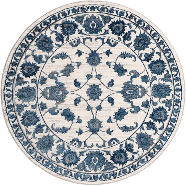 White Blue 6' 1 x 6' 1 Boston Round Area Rug 55% Polypropylene & 45% Polyester Easy Clean Traditional Classical Carpet for Contemporary Living Dining Room Office Space for Sale at Rug Engine