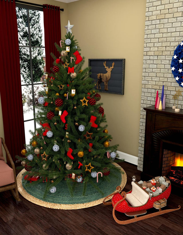 Seasonal Festive Green 7' 1 x 7' 1 Christmas Tree Skirt Round Area Rug 100% Jute All Natural Eco-Friendly Holiday Carpet Mat for Under Christmas Trees for Sale at Rug Engine