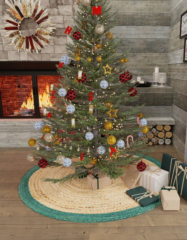 Seasonal Festive Green and Natural 4' 1 x 4' 1 Christmas Tree Skirt Round Area Rug 100% Jute All Natural Eco-Friendly Holiday Carpet Mat for Under Christmas Trees for Sale at Rug Engine