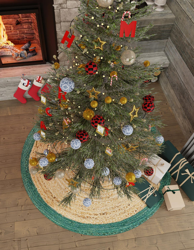 Seasonal Festive Green and Natural 3' 1 x 3' 1 Christmas Tree Skirt Round Area Rug 100% Jute All Natural Eco-Friendly Holiday Carpet Mat for Under Christmas Trees for Sale at Rug Engine