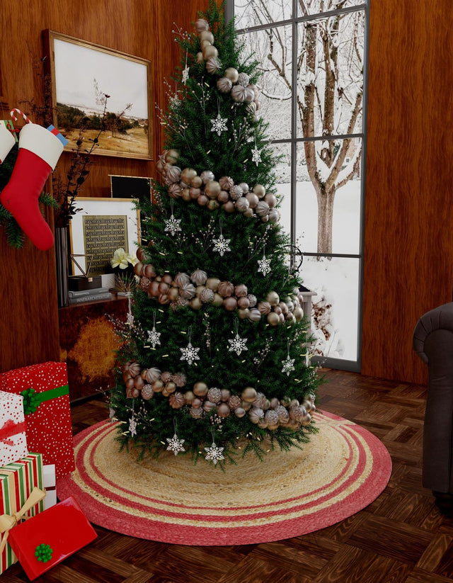 Seasonal Festive Natural and Red 5' 1 x 5' 1 Christmas Tree Skirt Round Area Rug 100% Jute All Natural Eco-Friendly Holiday Carpet Mat for Under Christmas Trees for Sale at Rug Engine