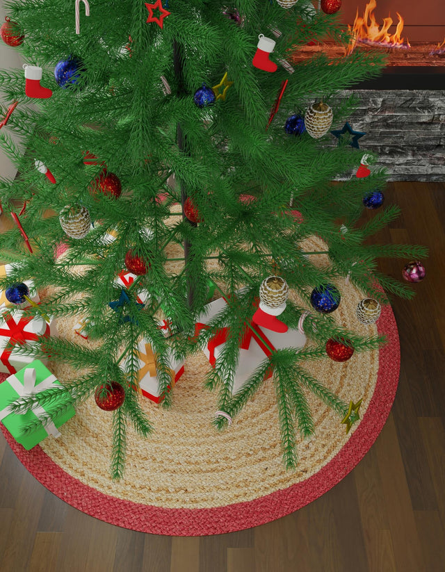 Seasonal Festive Red and Natural 2' 2 x 2' 2 Christmas Tree Skirt Round Area Rug 100% Jute All Natural Eco-Friendly Holiday Carpet Mat for Under Christmas Trees for Sale at Rug Engine