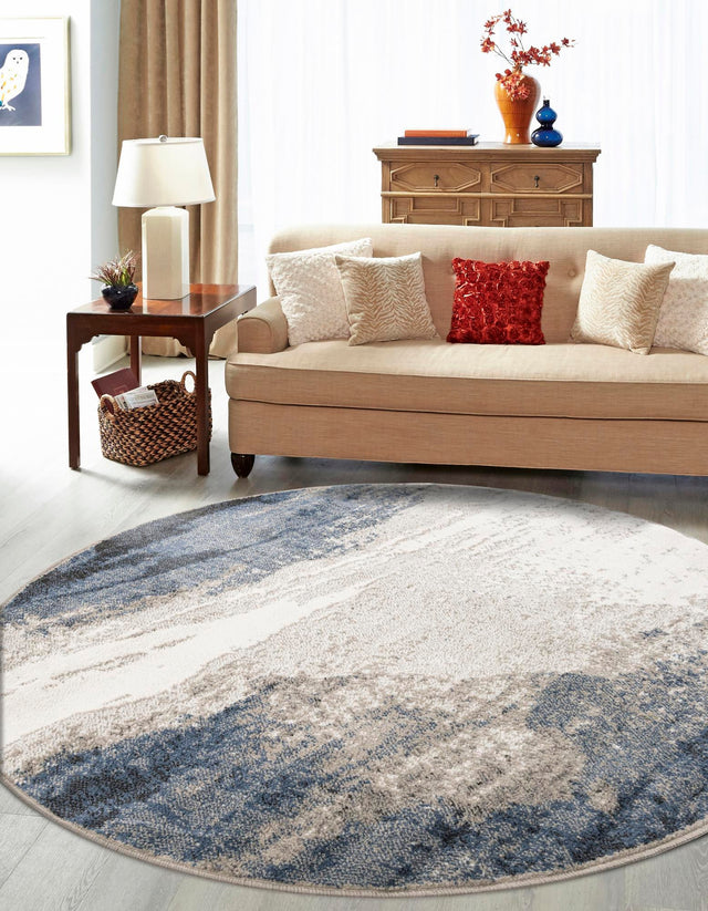 Blue 4' 1 x 4' 1 Norge Round Area Rug 100% Polypropylene Easy Clean Non Shed Stain Resistant Modern Carpet for Home Interior Design for Sale at Rug Engine