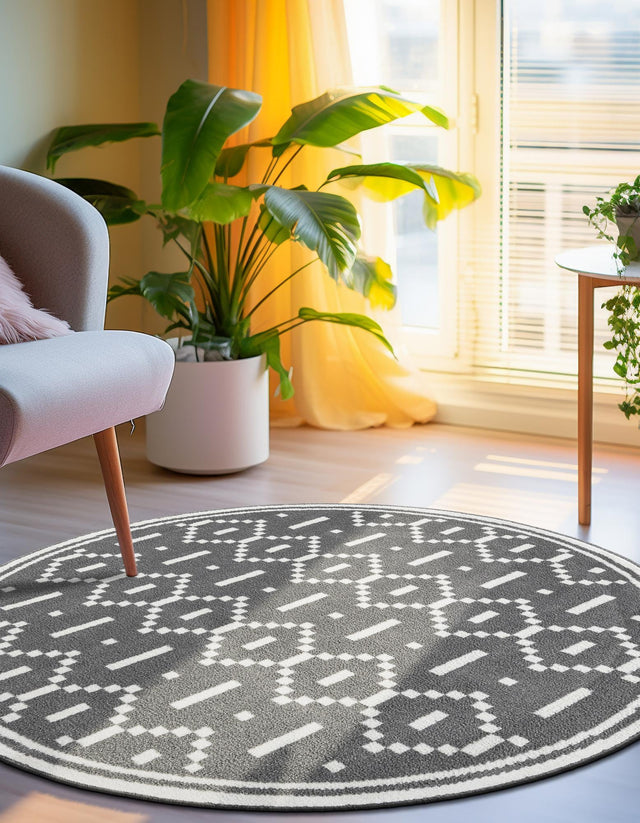 Gray 7' 10 x 7' 10 Norge Round Area Rug 100% Polypropylene Easy Clean Non Shed Stain Resistant Modern Carpet for Home Interior Design for Sale at Rug Engine