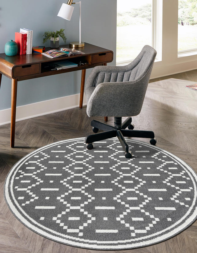 Gray 4' 1 x 4' 1 Norge Round Area Rug 100% Polypropylene Easy Clean Non Shed Stain Resistant Modern Carpet for Home Interior Design for Sale at Rug Engine