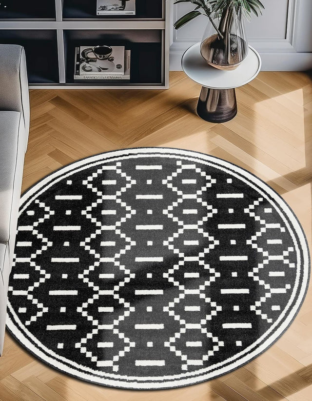 Black 4' 1 x 4' 1 Norge Round Area Rug 100% Polypropylene Easy Clean Non Shed Stain Resistant Modern Carpet for Home Interior Design for Sale at Rug Engine